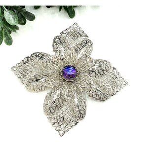 Vintage Silver Filigree Flower Brooch With Blue Iridescent Crystal by Celebrity